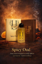Spicy Oud perfume bottle with packaging on a dark background