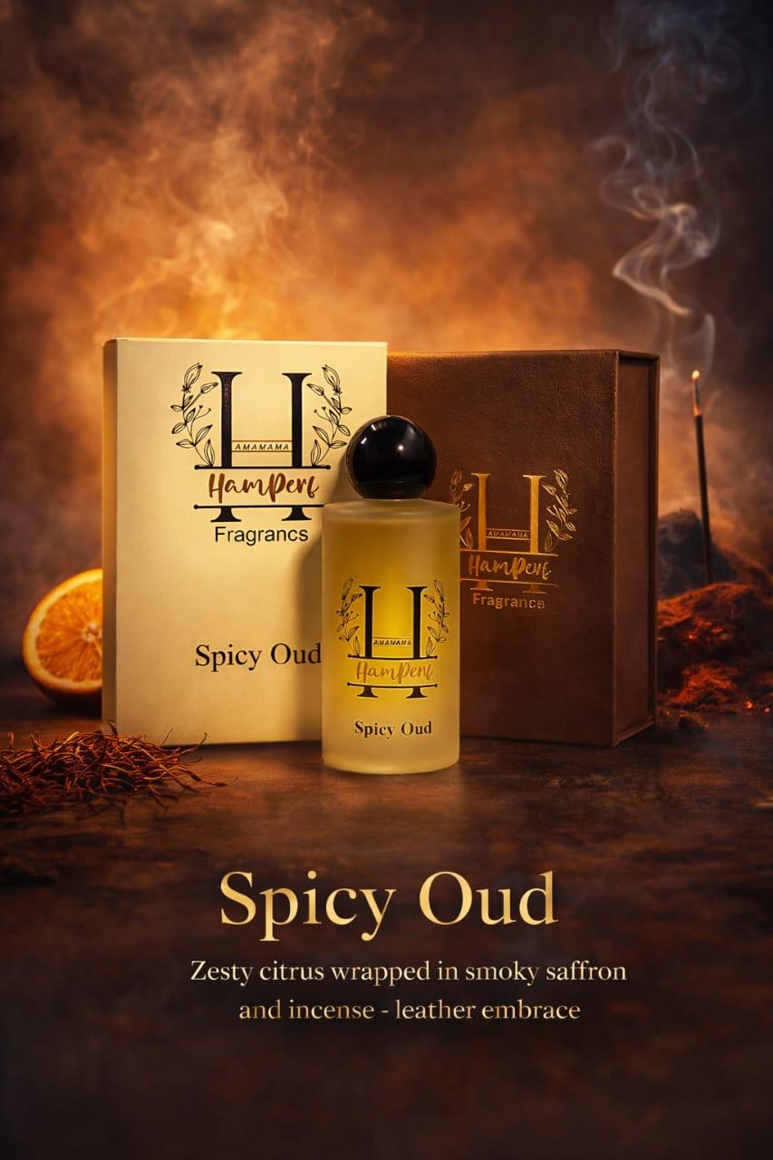 Spicy Oud perfume bottle with packaging on a dark background